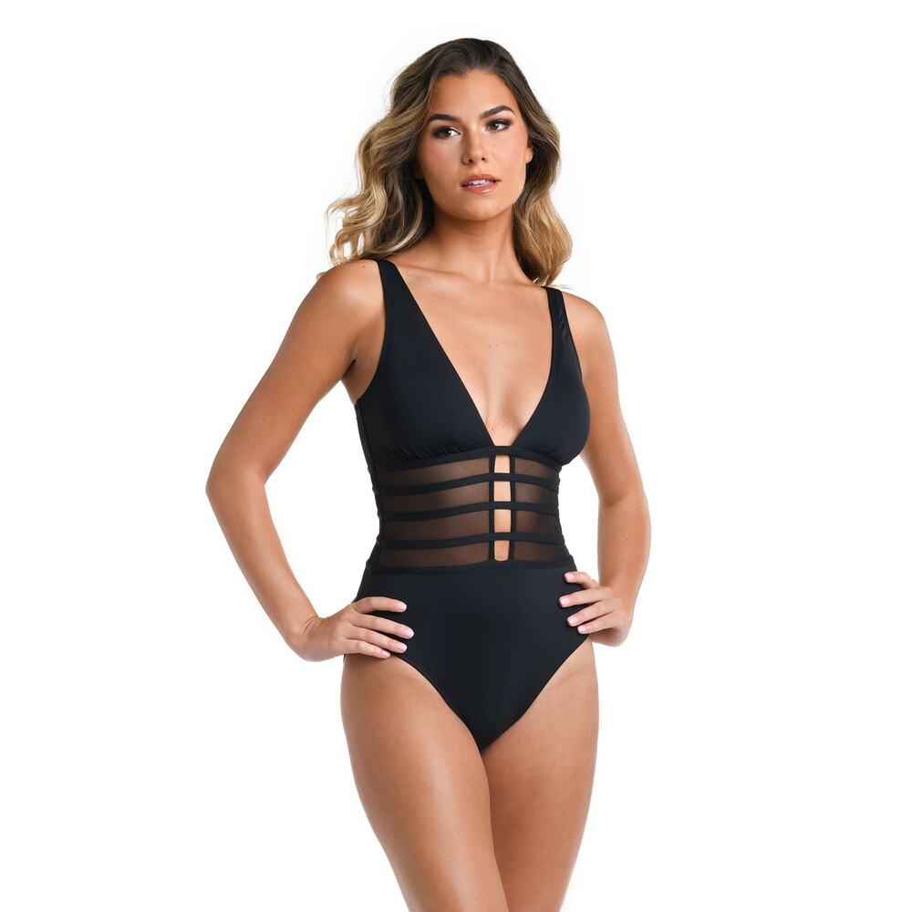 La Blanca Island Goddess Over the Shoulder Mesh One Piece Black Size 10 🌼